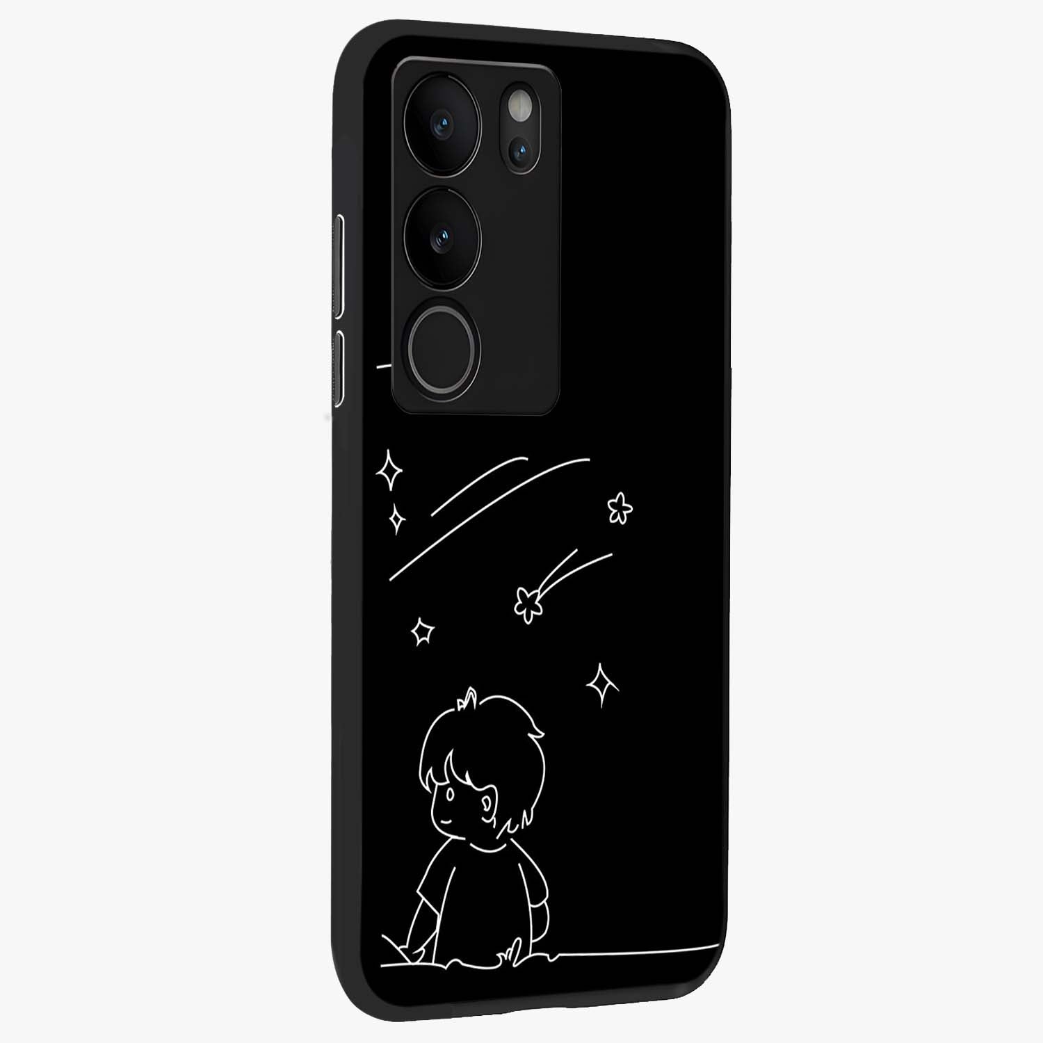 Line Art Boy With Shooting Stars Glass Case upright view showcasing artistic shooting star illustration with minimal style.