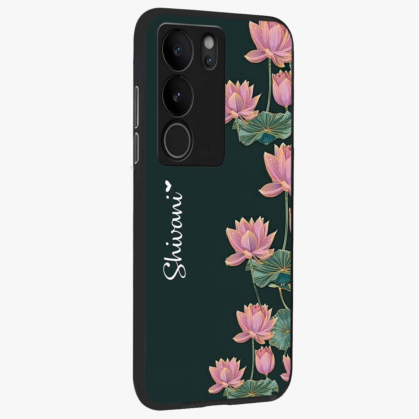 Lotus Bloom Serenity Custom Name Glass Case upright view showcasing serene lotus bloom artwork with personalized floral aesthetic.
