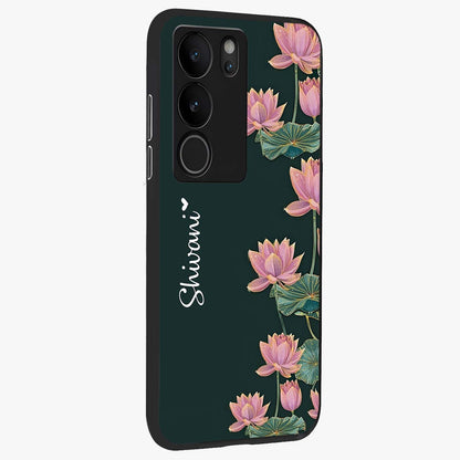 Lotus Bloom Serenity Custom Name Glass Case upright view showcasing serene lotus bloom artwork with personalized floral aesthetic.