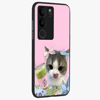 Love Matcha Cat Glass Case upright view showcasing adorable cat artwork with charming matcha themed design.