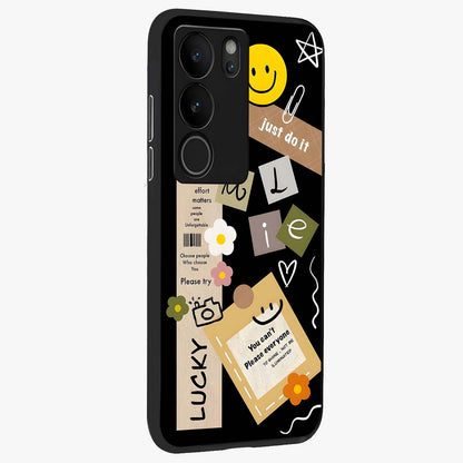Lucky Aesthetic Collage Glass Case upright view showcasing vibrant collage artwork with youthful aesthetic theme.