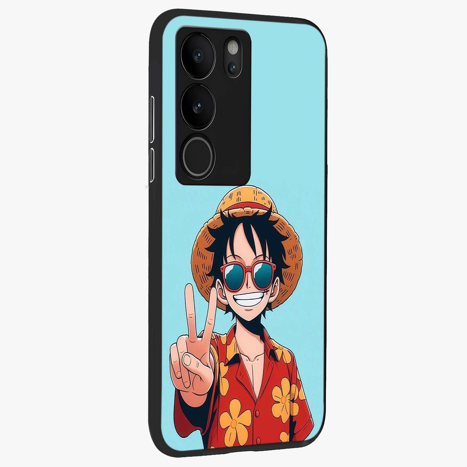 Luffy Summer Anime Vibe Glass Case upright view showcasing dynamic anime artwork with bright adventurous theme.