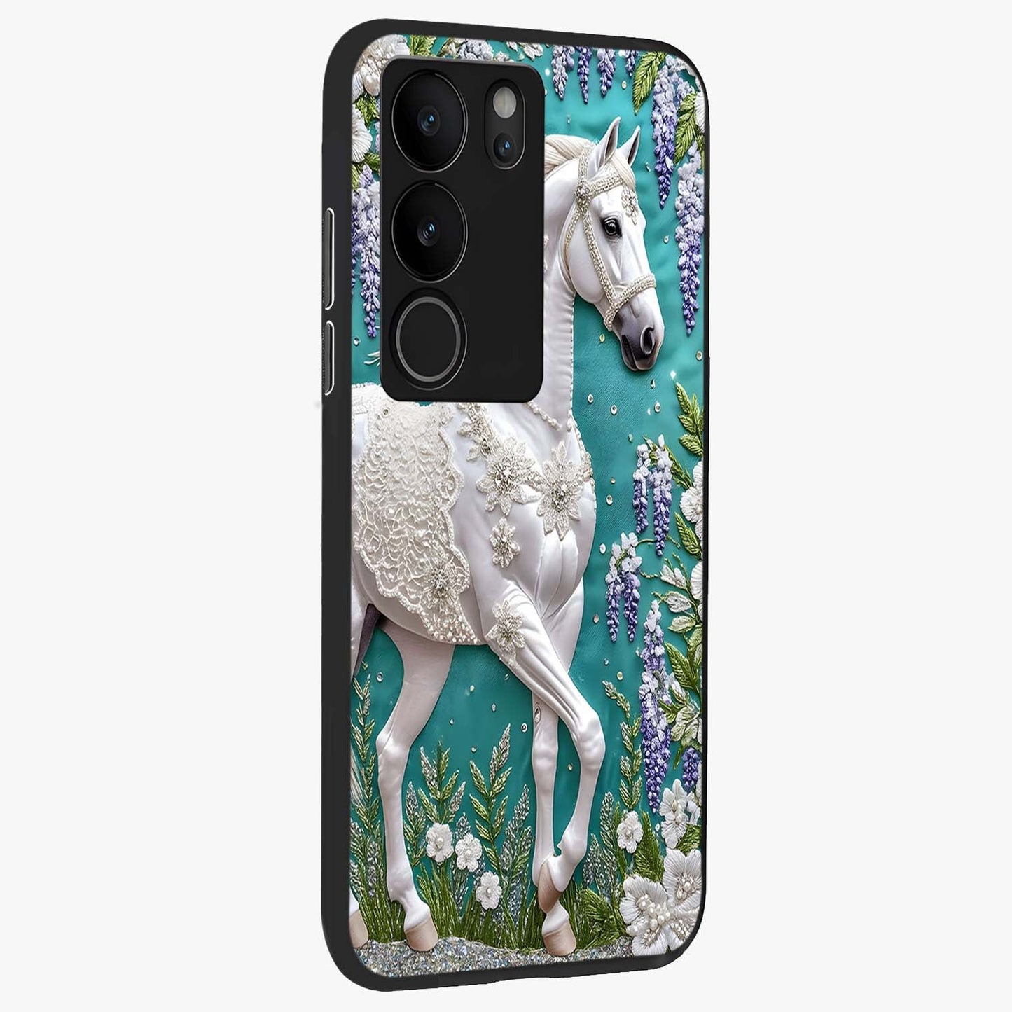 Majestic Floral Stallion Glass Case upright view showcasing dramatic horse artwork with decorative floral theme.