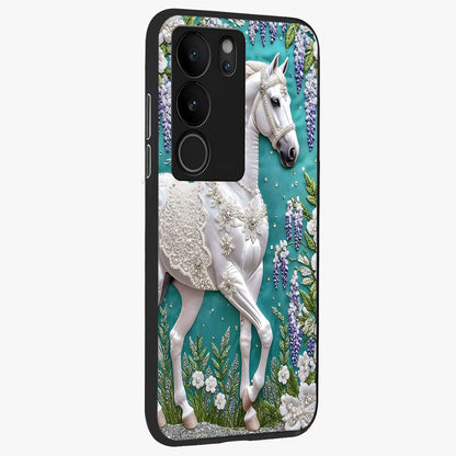 Majestic Floral Stallion Glass Case upright view showcasing dramatic horse artwork with decorative floral theme.