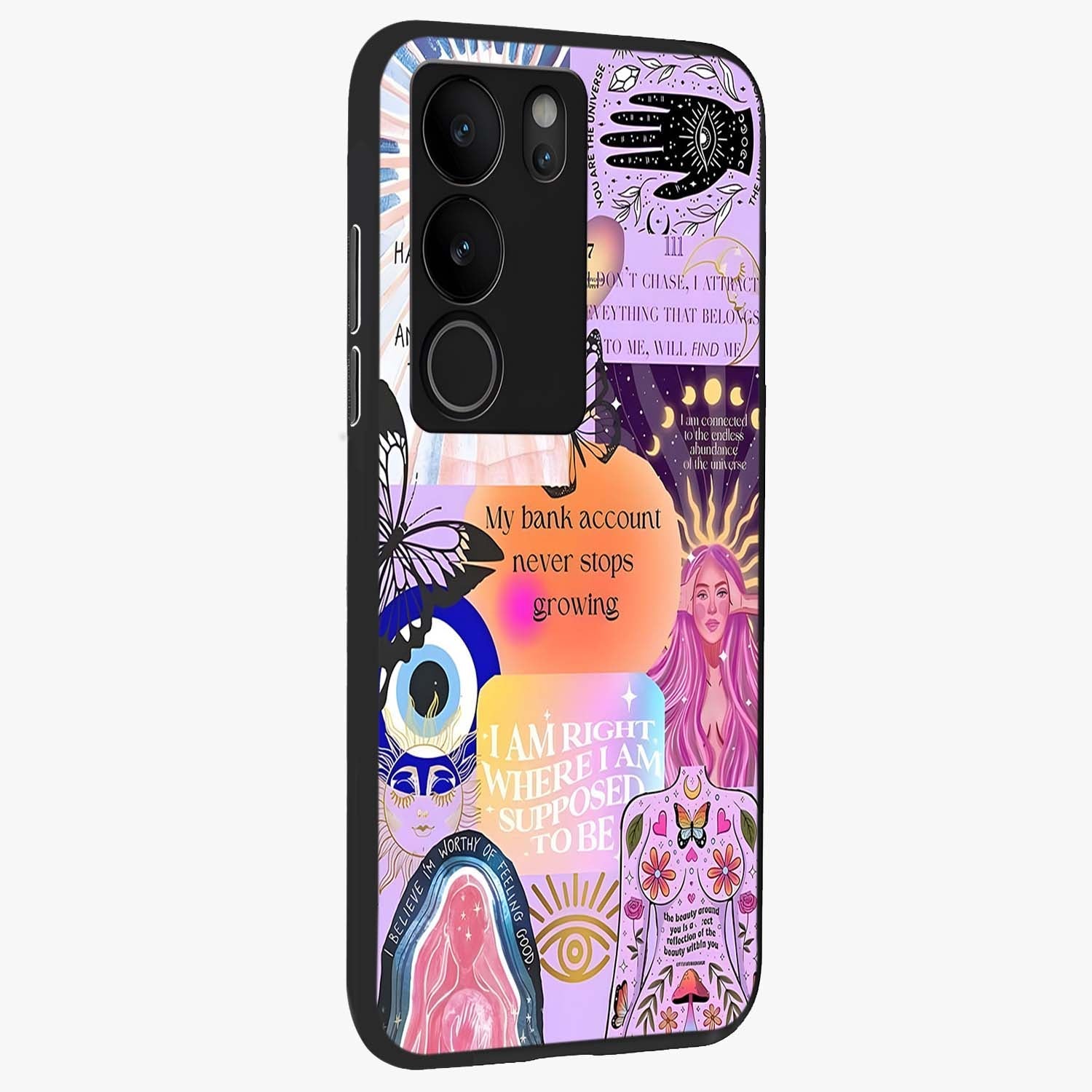 Manifestation Collage Glass Case upright view showcasing artistic manifestation themed artwork with creative style.