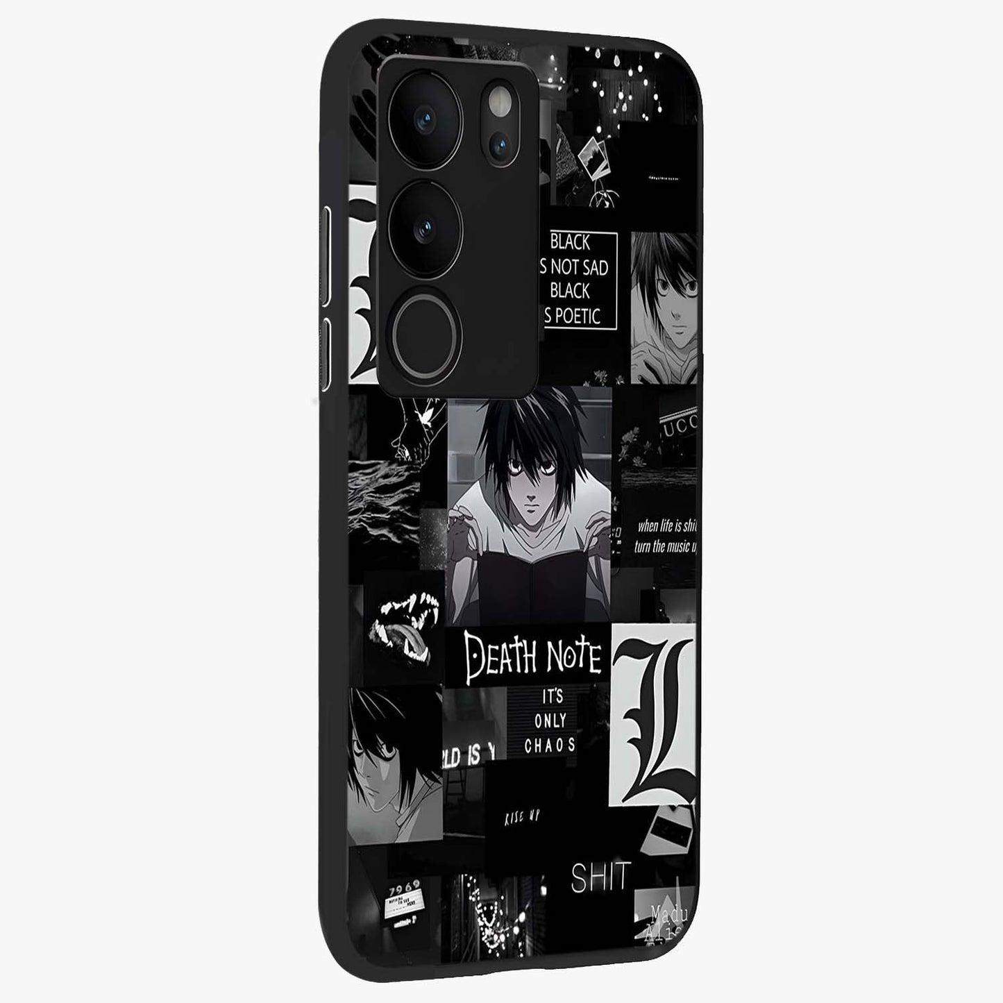 Midnight Chaos Mind Glass Case upright view showcasing expressive abstract artwork with bold dark theme.