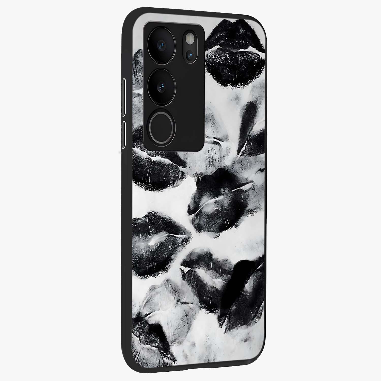 Midnight Kiss Marks Glass Case upright view showcasing stylish kiss mark artwork with trendy romantic theme.