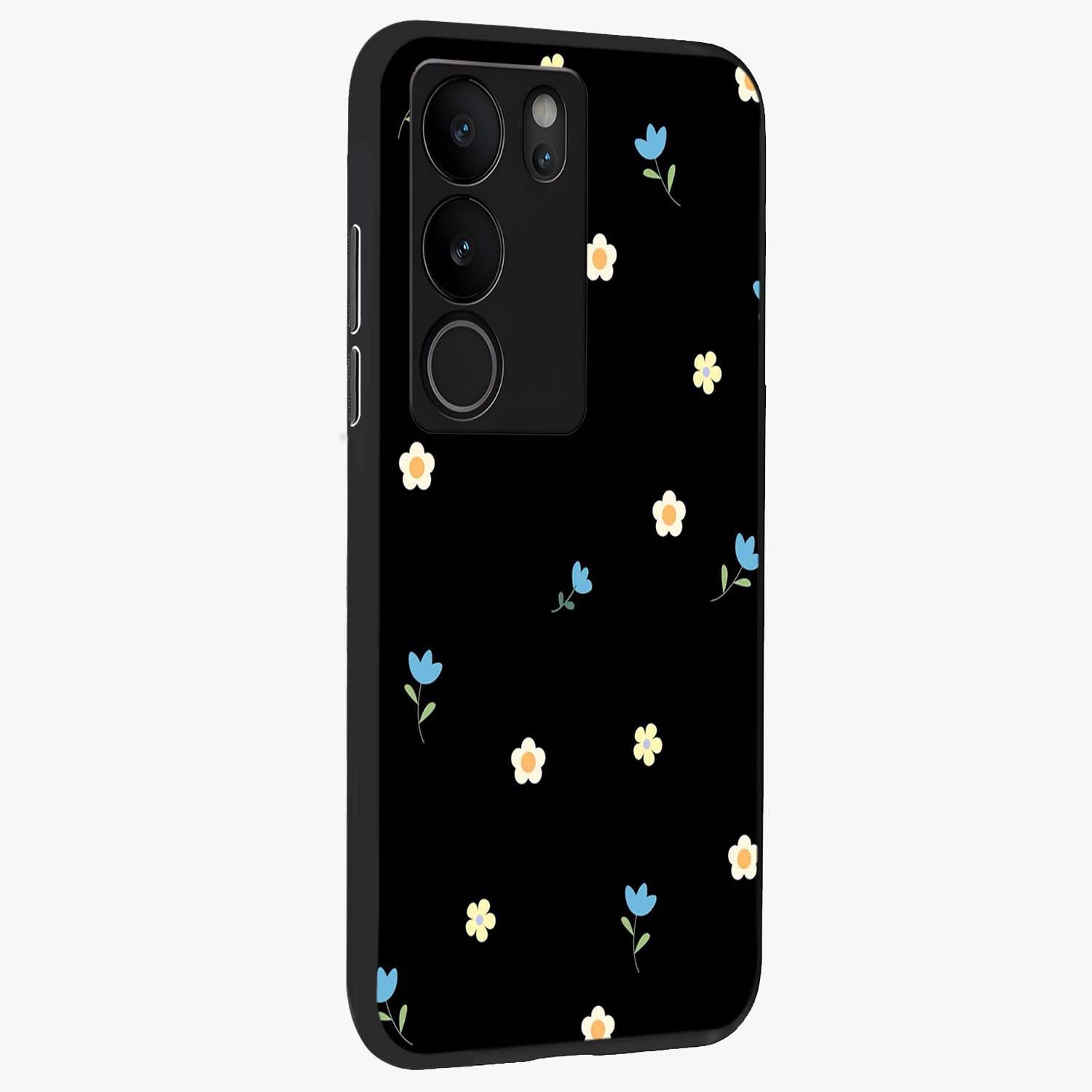 Minimal Petal Whispers Glass Case upright view showcasing elegant floral artwork with modern minimalist style.