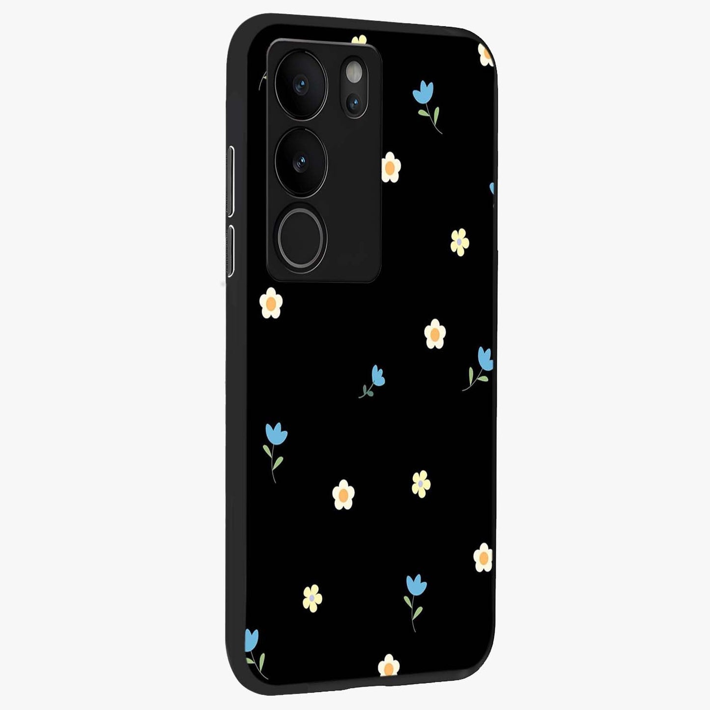 Minimal Petal Whispers Glass Case upright view showcasing elegant floral artwork with modern minimalist style.