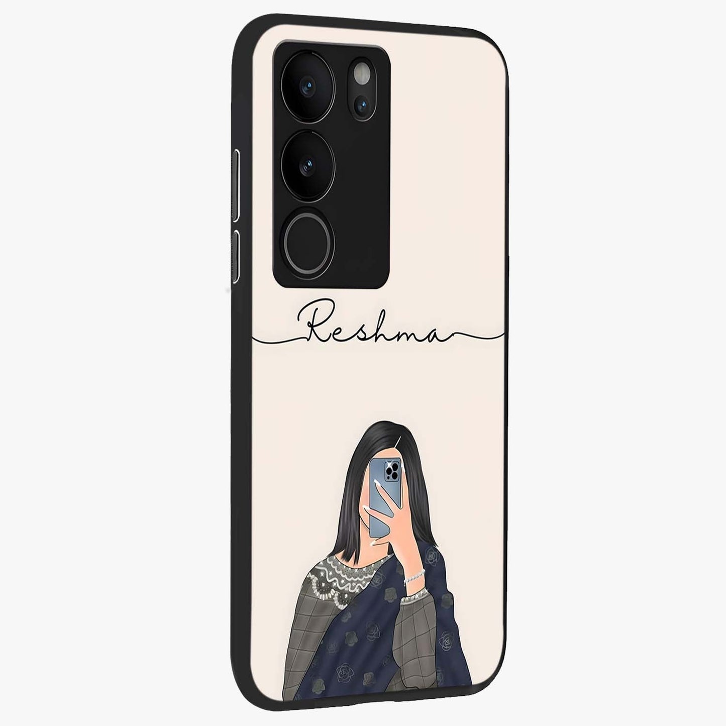 Mirror Mood Muse With Custom Name Glass Case upright view showcasing artistic mirror themed artwork with personalized aesthetic.