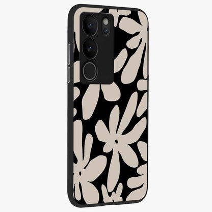 Monochrome Petal Dance Glass Case upright view showcasing artistic floral pattern with stylish monochrome theme.