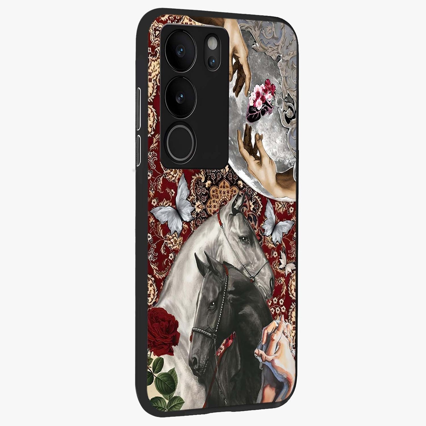 Moonlit Royal Stallion Glass Case upright view showcasing dramatic horse artwork with glowing moon themed design.