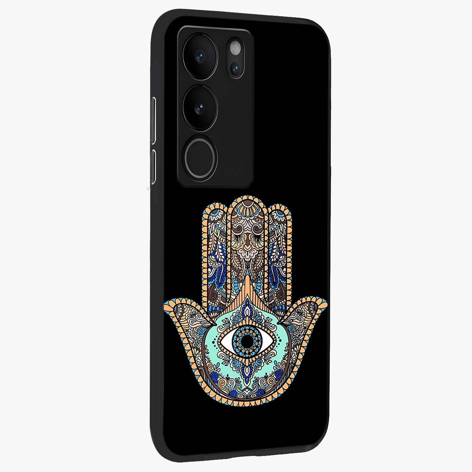 Mystic Hamsa Eye Glass Case upright view showcasing detailed hamsa eye artwork with protective spiritual theme.