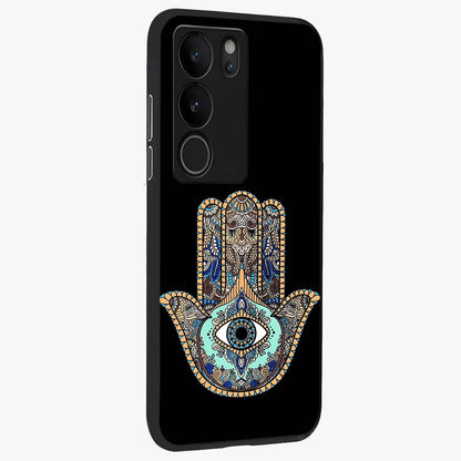Mystic Hamsa Eye Glass Case upright view showcasing detailed hamsa eye artwork with protective spiritual theme.