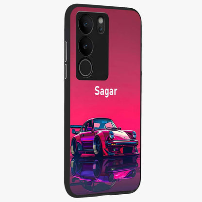 Neon Pink Porsche Glass Case upright view showcasing vibrant sports car artwork with bold automotive theme.
