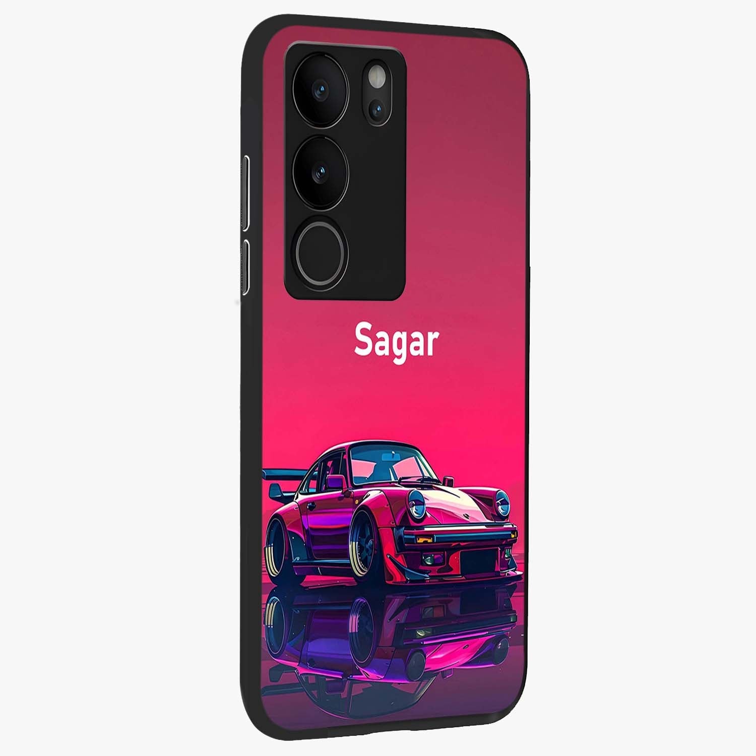 Neon Pink Porsche Glass Case upright view showcasing vibrant sports car artwork with bold automotive theme.