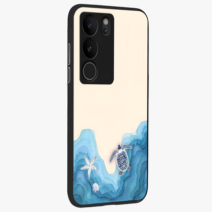 Ocean Drift Turtle Glass Case upright view showcasing calm underwater turtle artwork with nature inspired theme.