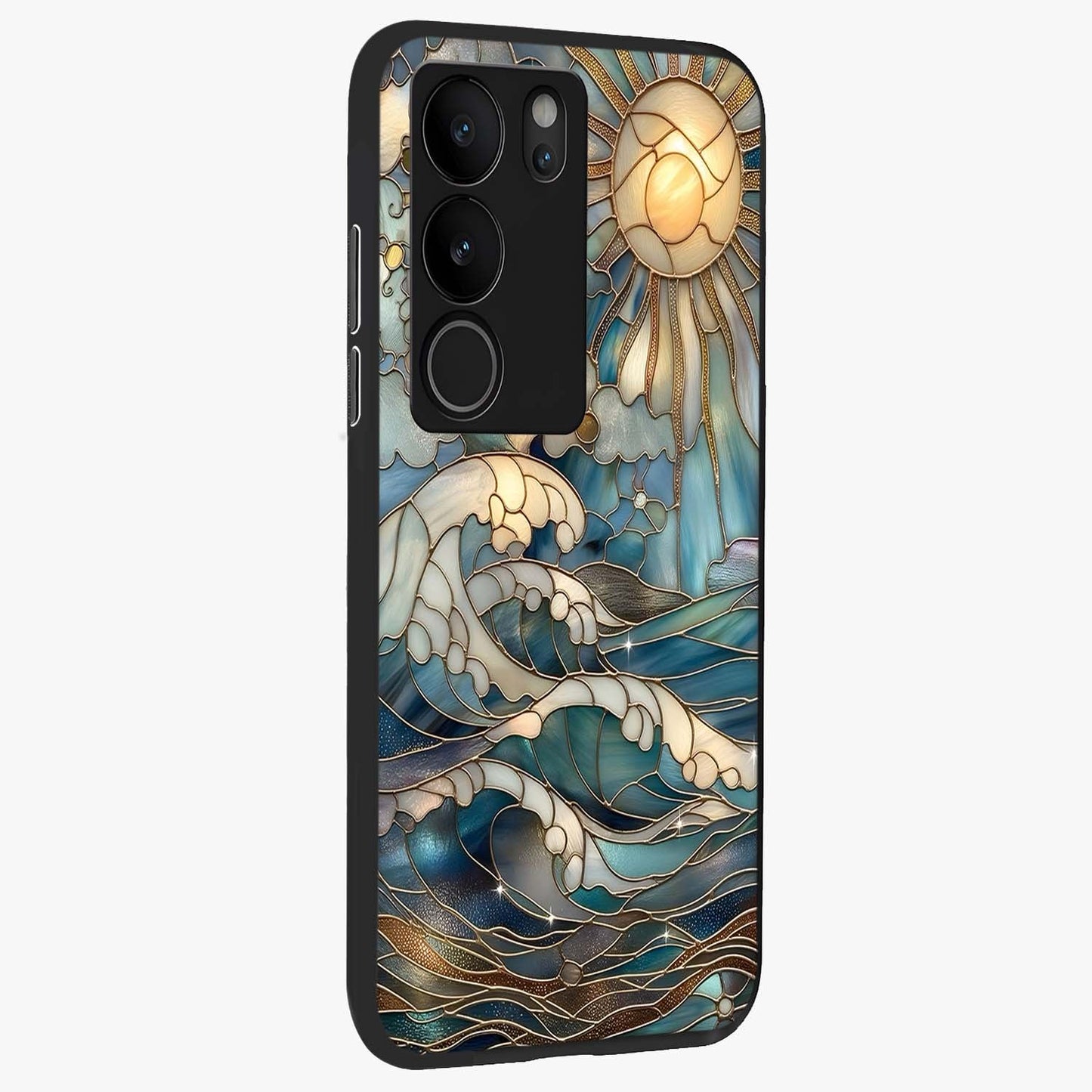 Oceanic Stained Printed Glass Case upright view showcasing decorative ocean pattern artwork with vibrant marine theme.