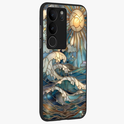 Oceanic Stained Printed Glass Case upright view showcasing decorative ocean pattern artwork with vibrant marine theme.