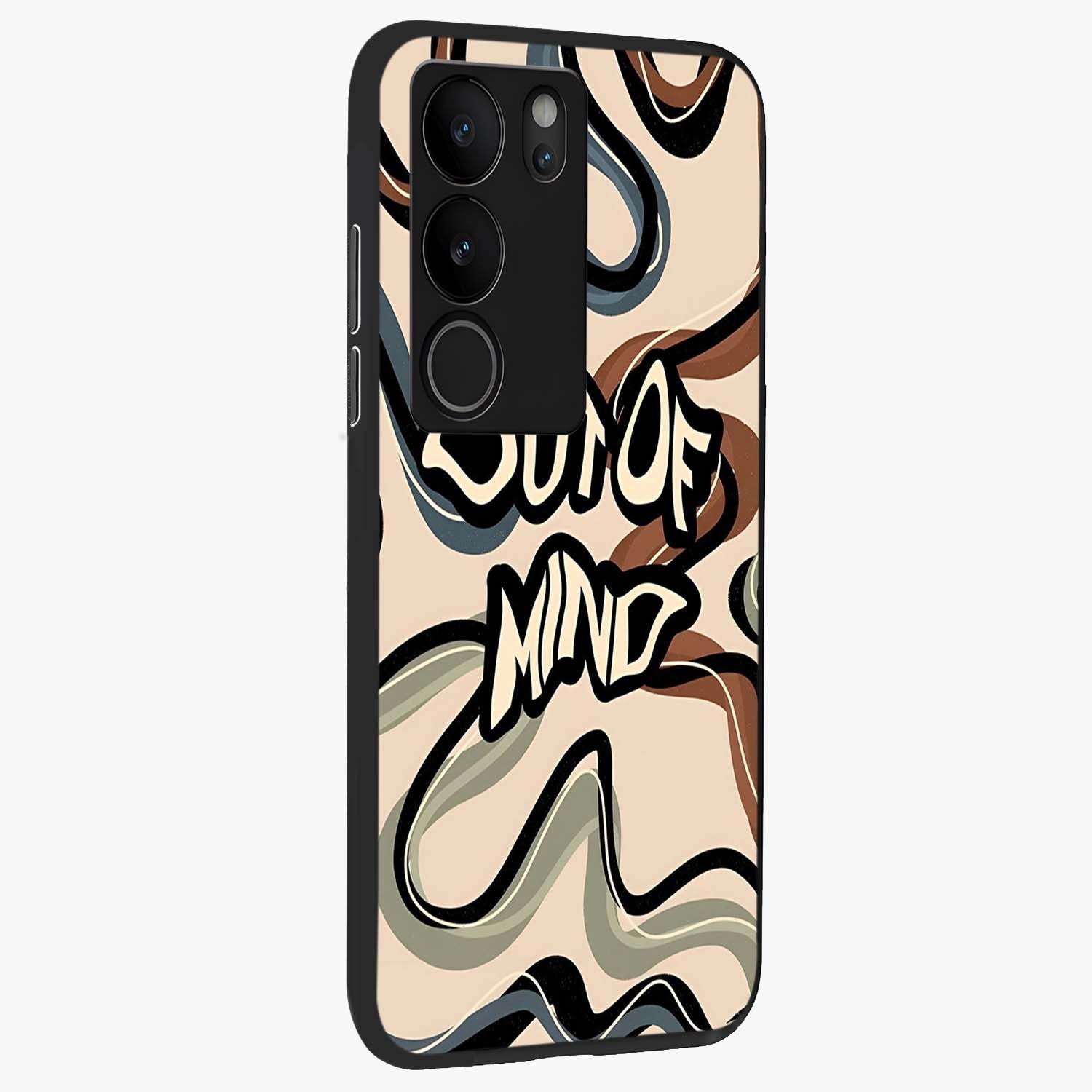 Out Of Mind Glass Case upright view showcasing striking typography artwork with edgy conceptual theme.
