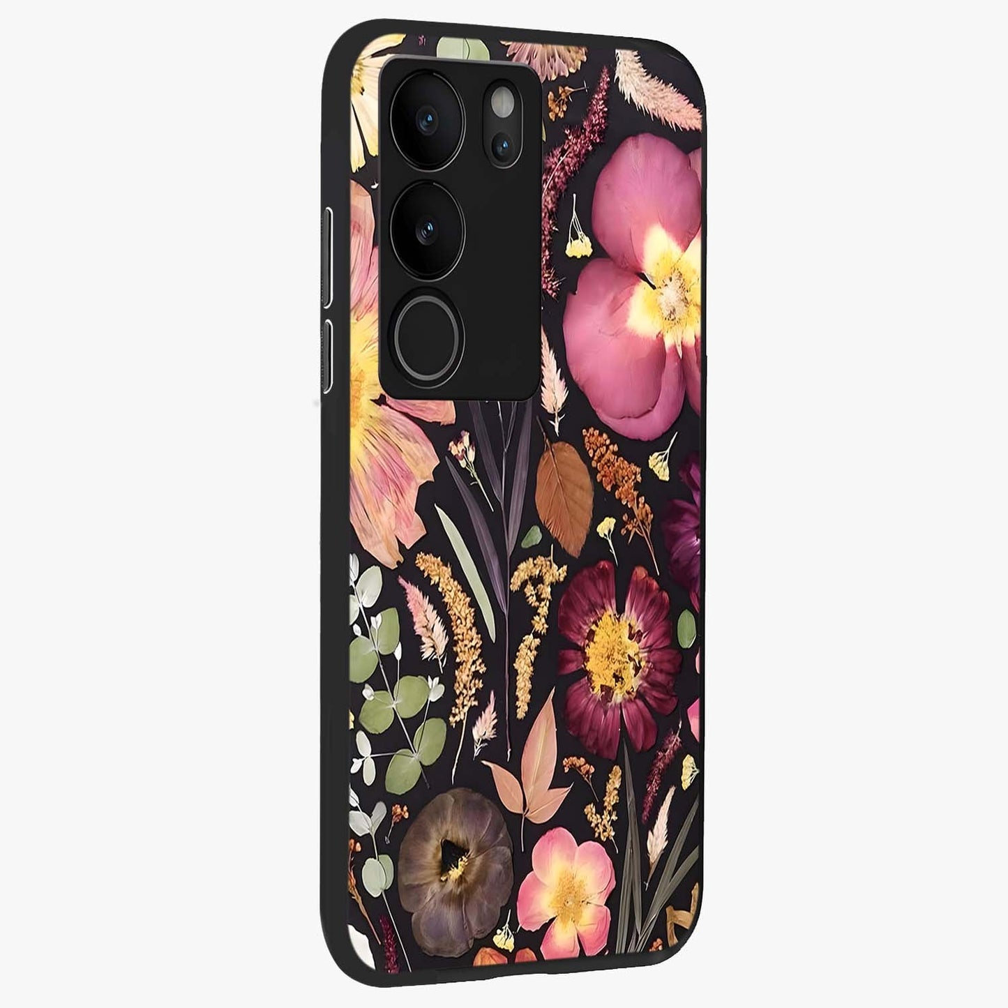 Petal Dream Tapestry Glass Case upright view showcasing detailed floral tapestry artwork with artistic nature theme.