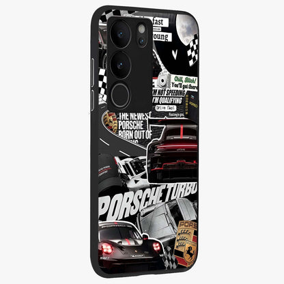 Porsche Racing Collage Glass Case upright view showcasing energetic car collage artwork with high speed racing theme.