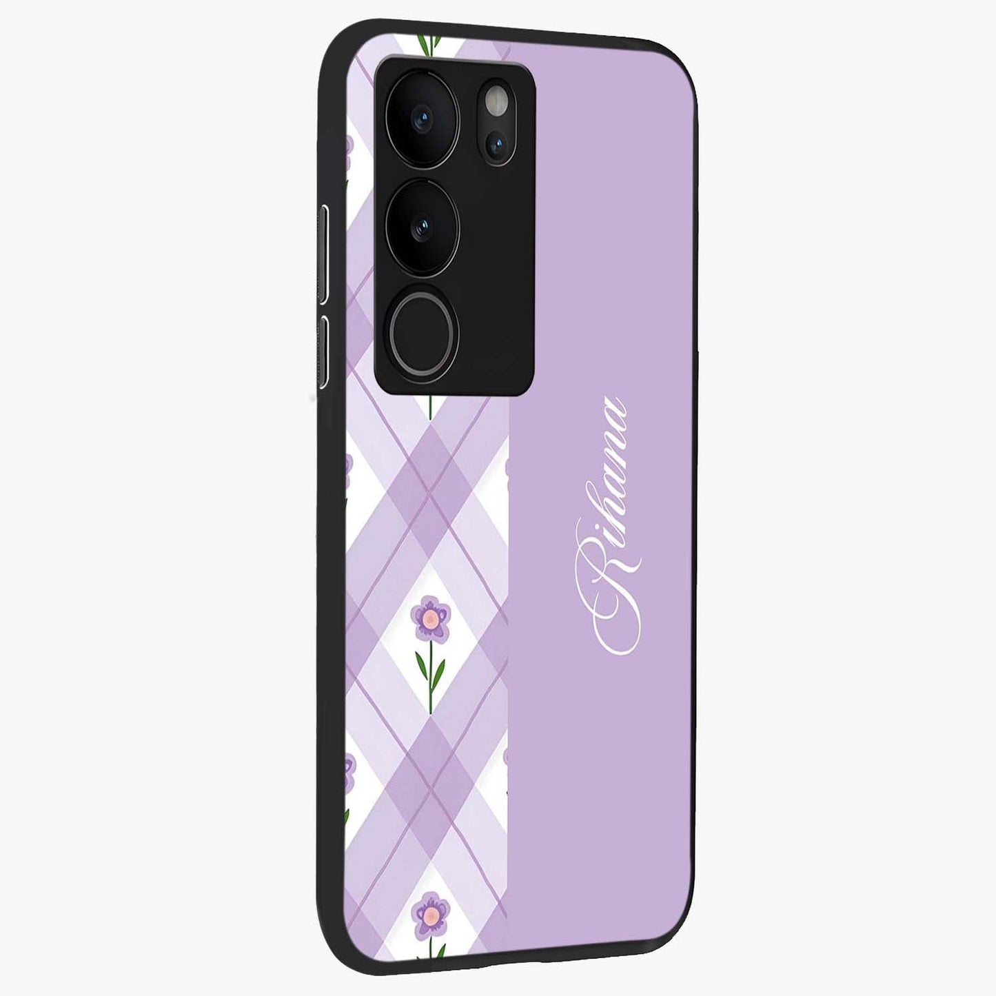 Purple Diamond Floral Glass Case upright view showcasing vibrant floral artwork with stylish geometric theme.