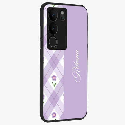 Purple Diamond Floral Glass Case upright view showcasing vibrant floral artwork with stylish geometric theme.
