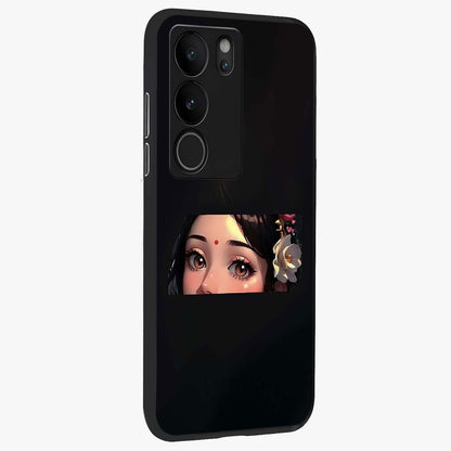 Radha Divine Embrace Glass Case upright view showcasing sacred Radha themed artwork with peaceful devotional style.