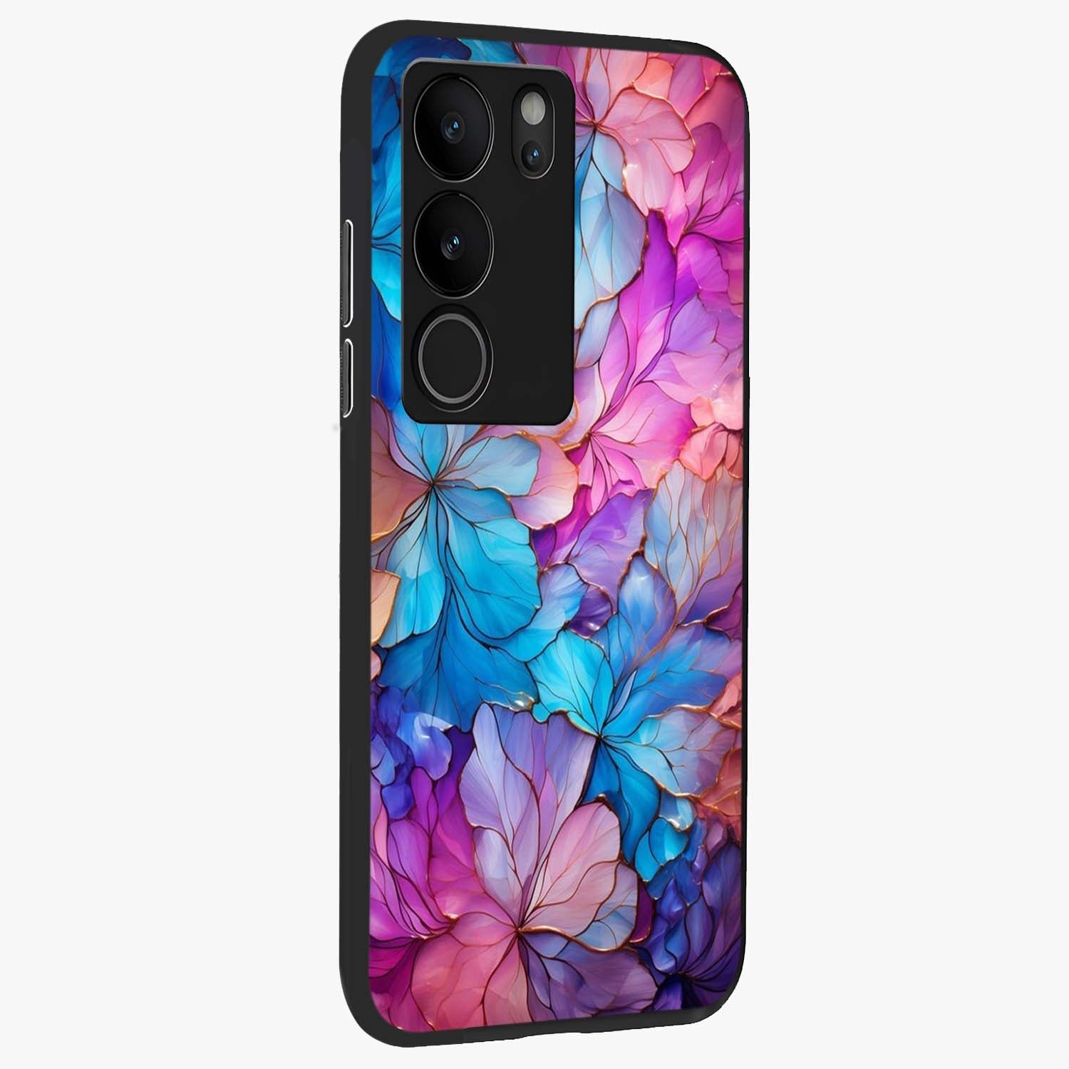 Radiant Floral Whirl Glass Case upright view showcasing lively floral artwork with decorative swirl theme.