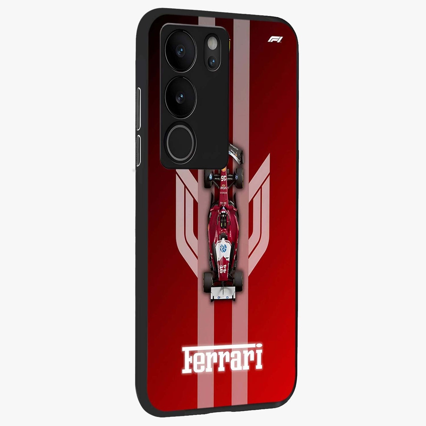 Red Ferrari F1 Vertical Glass Case upright view showcasing powerful Formula car artwork with dynamic motorsport theme.