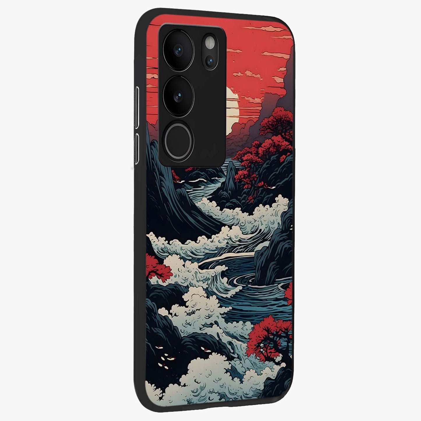 Red Sunset Scenery Glass Case upright view showcasing dramatic sunset scenery artwork with warm nature theme.