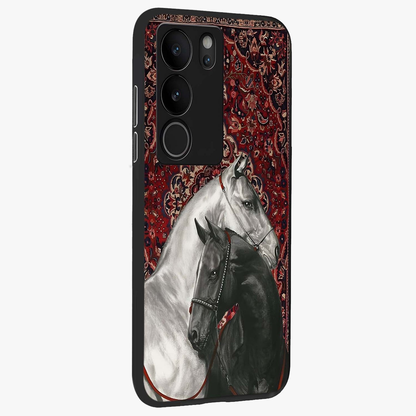 Regal Stallion Tapestry Glass Case upright view showcasing powerful horse artwork with elegant tapestry theme.