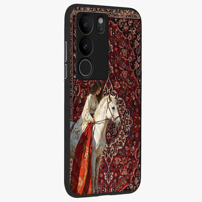 Royal Rider Tapestry Glass Case upright view showcasing detailed rider artwork with classic tapestry theme.