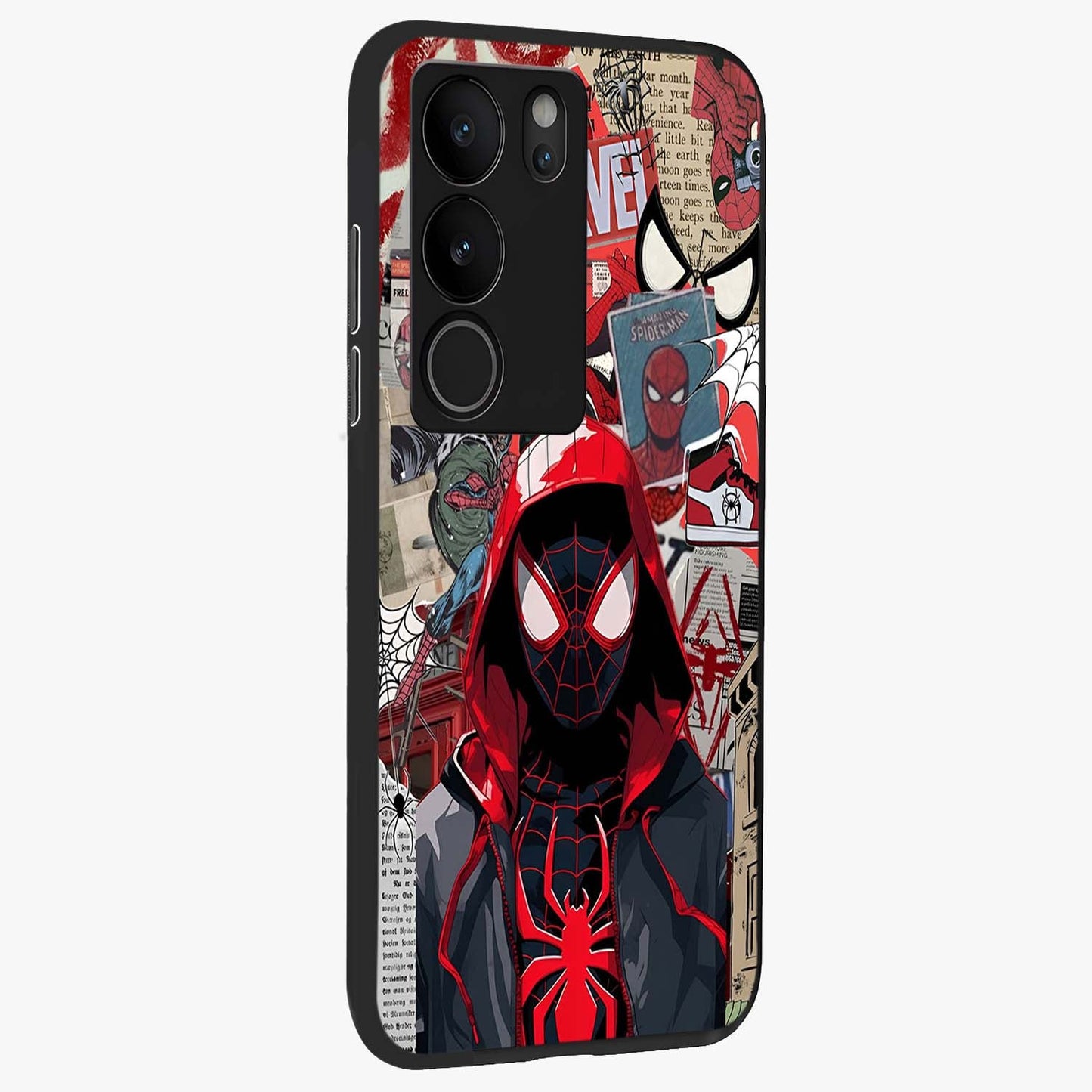 Spider Collage Street Glass Case upright view showcasing bold superhero artwork with urban street theme.