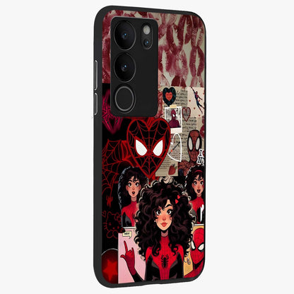 Spider Love Story Glass Case upright view showcasing charming superhero artwork with romantic comic theme.