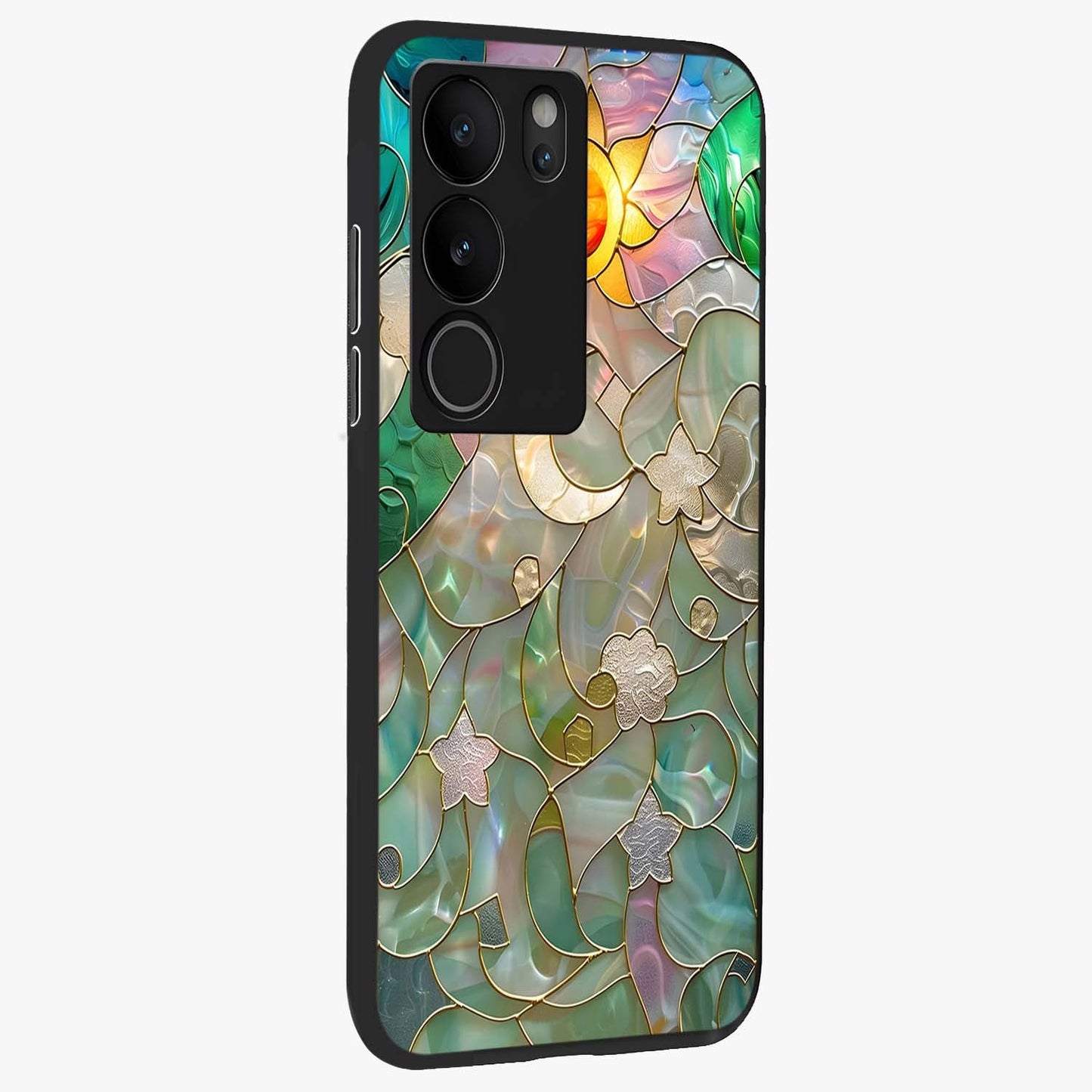 Stained Sunrise Glow Glass Case upright view showcasing colorful sunrise artwork with warm morning theme.