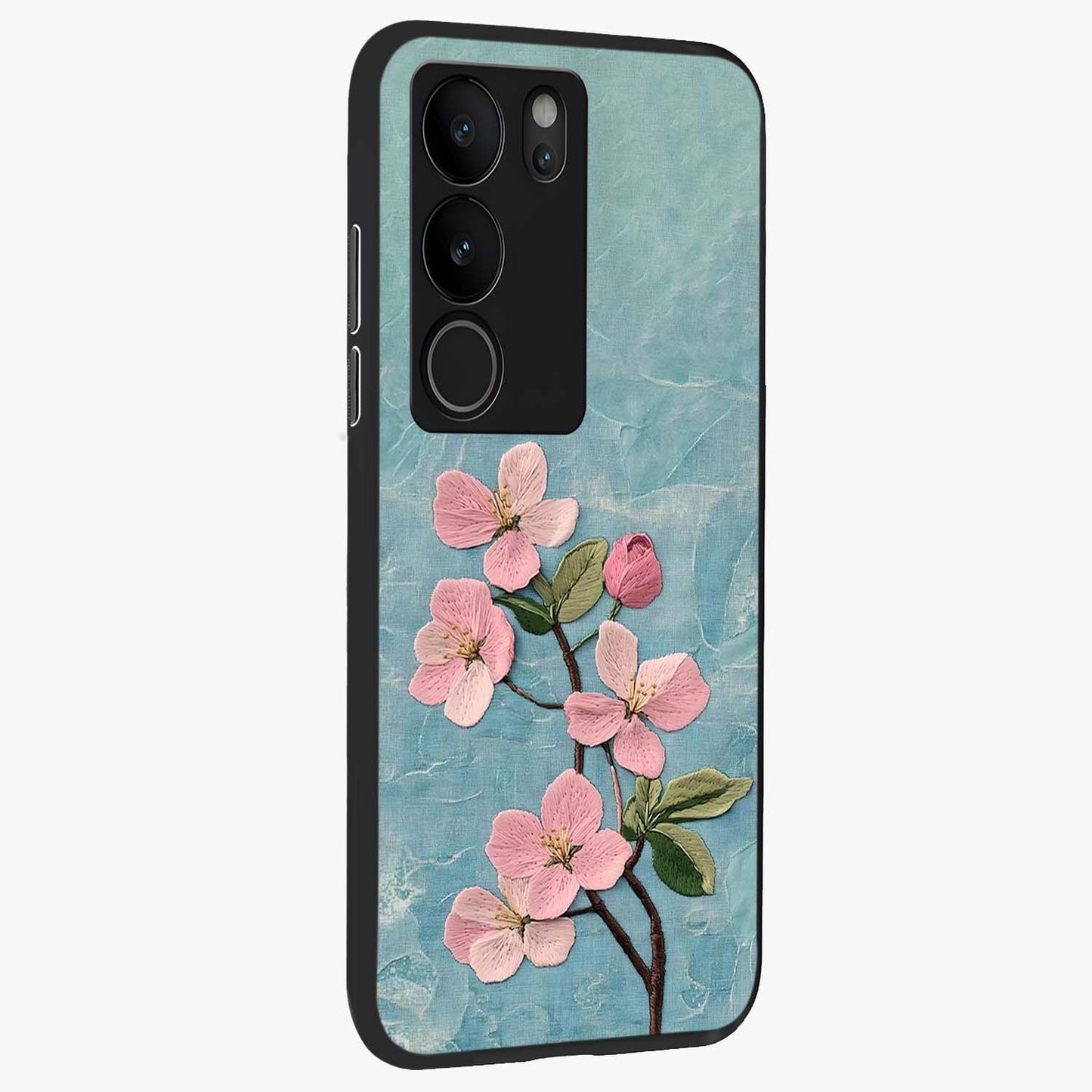 Threaded Blossom Breeze Glass Case upright view showcasing graceful flower artwork with calm botanical theme.