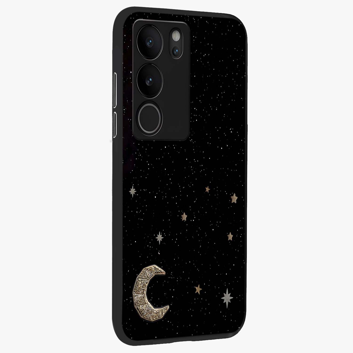 Twinkle Star With Half Moon Glass Case upright view showcasing glowing cosmic artwork with dreamy night theme.