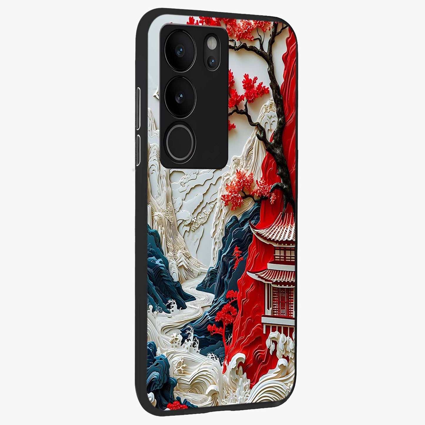 Whispers Of Sakura Waves Glass Case upright view showcasing delicate cherry blossom artwork with elegant nature theme.