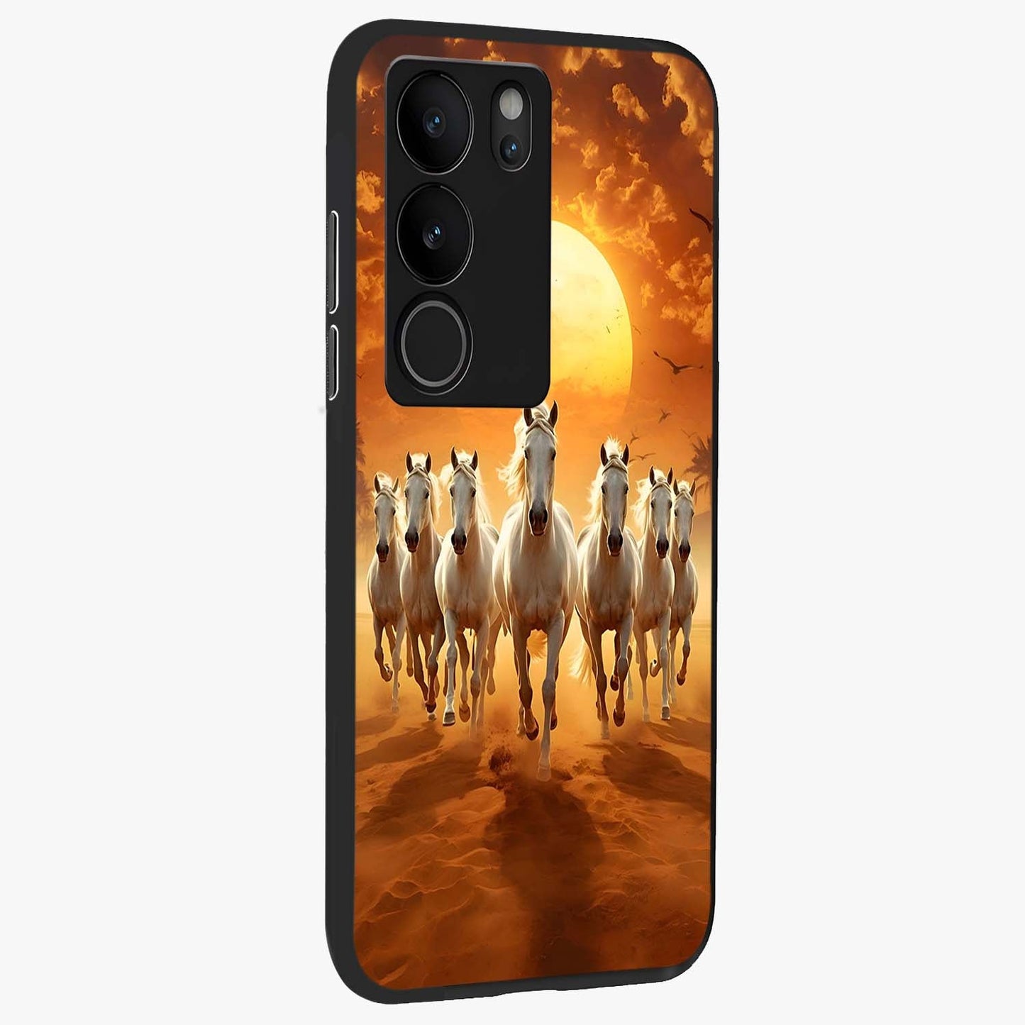 Wild Sunset Majesty Glass Case upright view showcasing dramatic sunset artwork with bold nature theme.