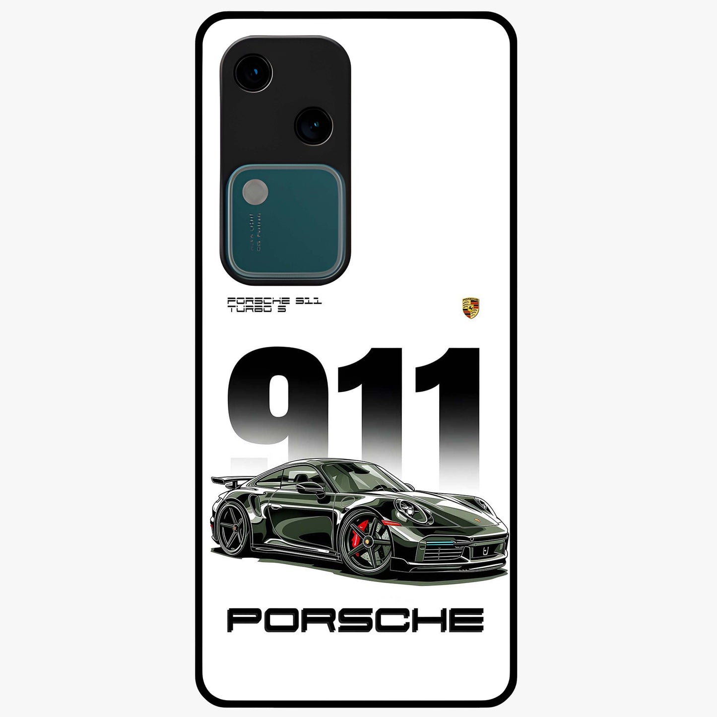 911 Turbo Dominance Glass Case showing clean flat back view with bold 911 sports car artwork and glossy glass finish.