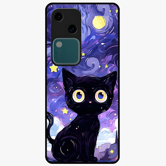 Abstract Cat Art Glass Case showing flat back view with artistic cat illustration and glossy glass finish.