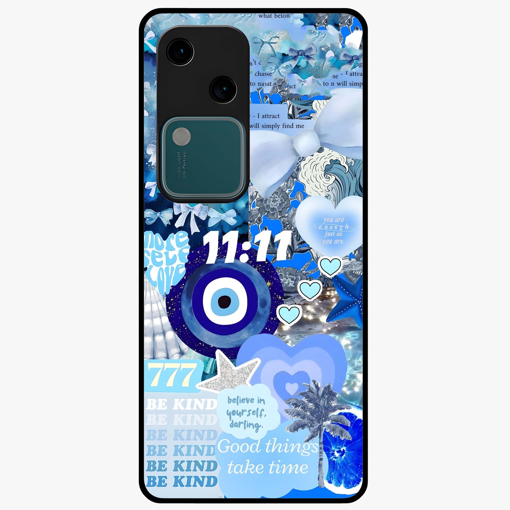 Aesthetic Be Kind Eye Glass Case showing flat back view with motivational eye artwork and glossy glass finish.