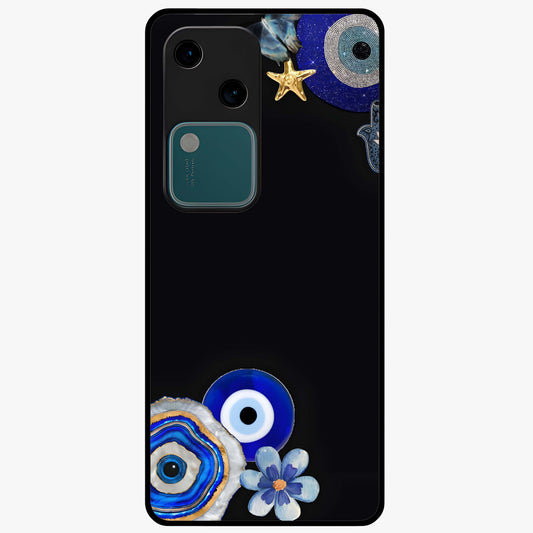 Aesthetic Blue Evil Eye Glass Case showing flat back view with protective evil eye artwork and glossy glass finish.