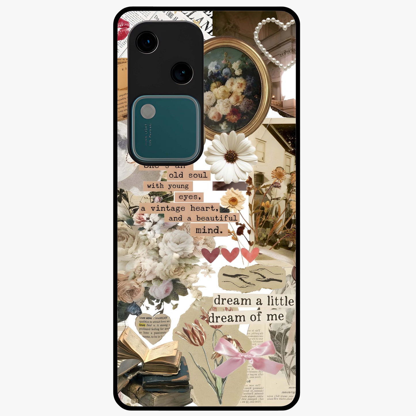 Aesthetic Brown Vintage Collage Glass Case showing flat back view with retro collage artwork and glossy glass finish.