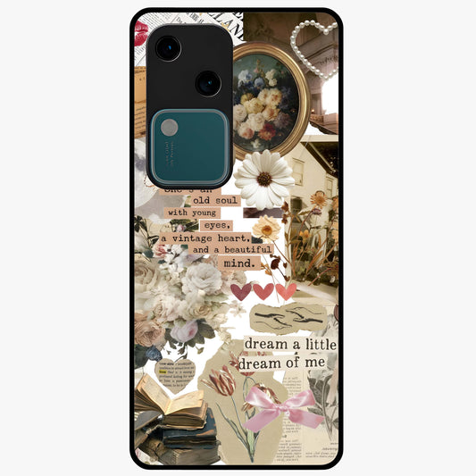 Aesthetic Brown Vintage Collage Glass Case showing flat back view with retro collage artwork and glossy glass finish.