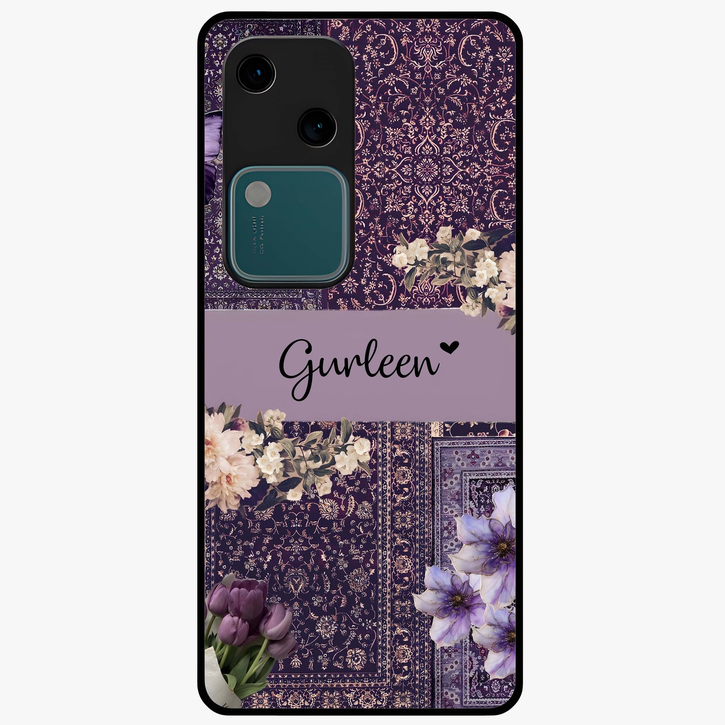 Antique Floral Whisper Custom Name Glass Case showing flat back view with vintage floral artwork and personalized name design.