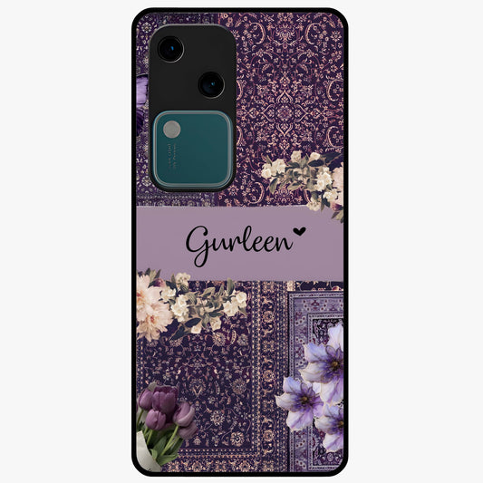 Antique Floral Whisper Custom Name Glass Case showing flat back view with vintage floral artwork and personalized name design.