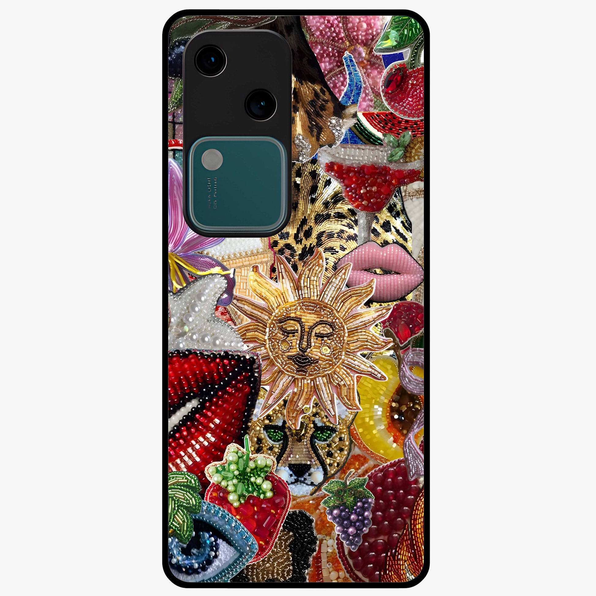 Beaded Fashion Jungle Glass Case showing flat back view with vibrant jungle inspired bead artwork and glossy glass finish.